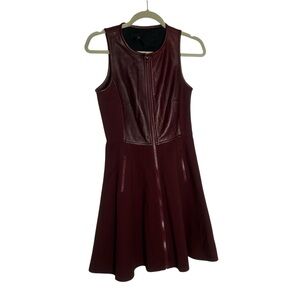 Tibi Maroon Lamb Leather Combo Sleeveless Skater Mini Dress Size 4
